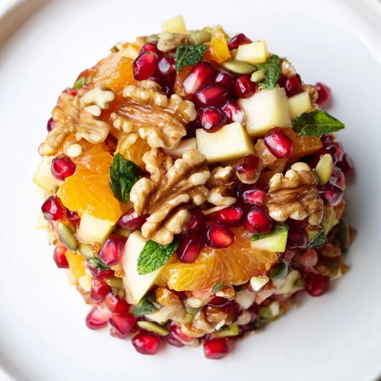 The Pomegranate and Walnut Salad showcases juicy pomegranate arils, orange segments, and fresh mint, drizzled with a honey-lemon dressing for a refreshing bite.