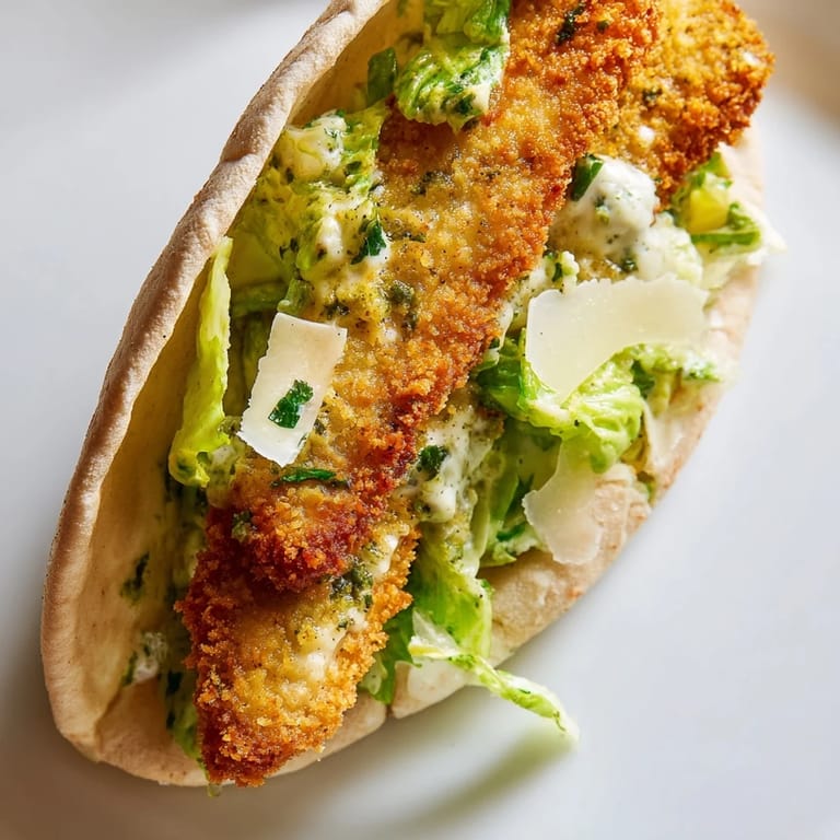 Crispy breaded chicken Caesar pitas with a side of lemon wedges on a rustic wooden table.  