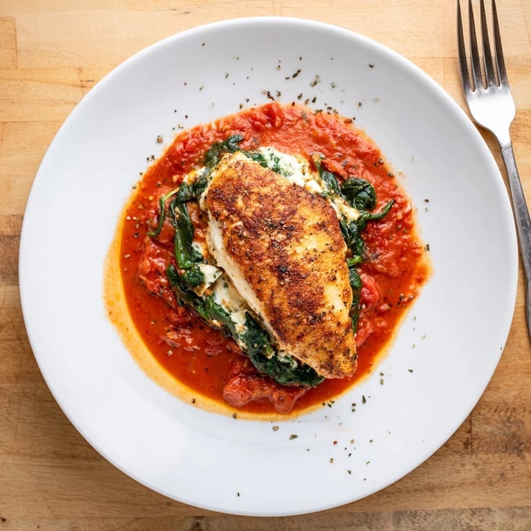 Juicy Spinach Ricotta Stuffed Chicken breasts sliced open to reveal the creamy, vibrant green filling inside.
