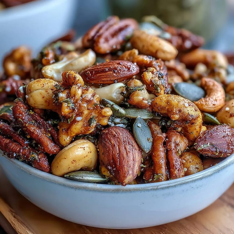 A hand scooping a portion of Spiced Nuts and Seeds Mix from a rustic wooden bowl, highlighting the crunchy texture and vibrant spices for gluten-free, vegetarian diets.