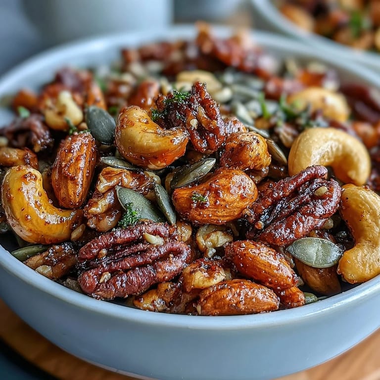 Freshly baked Spiced Nuts and Seeds Mix cooling on parchment paper, releasing a fragrant aroma of cinnamon and cumin, perfect for topping salads or healthy snacking.