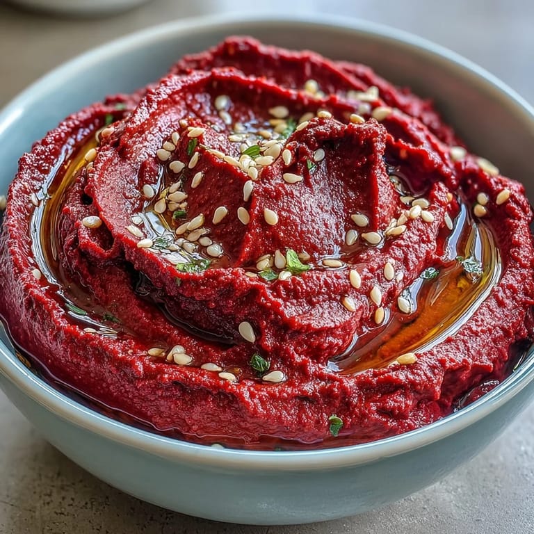 Earthy and sweet, this Roasted Beet Hummus features a creamy texture, garnished with sesame seeds and served alongside fresh vegetables.