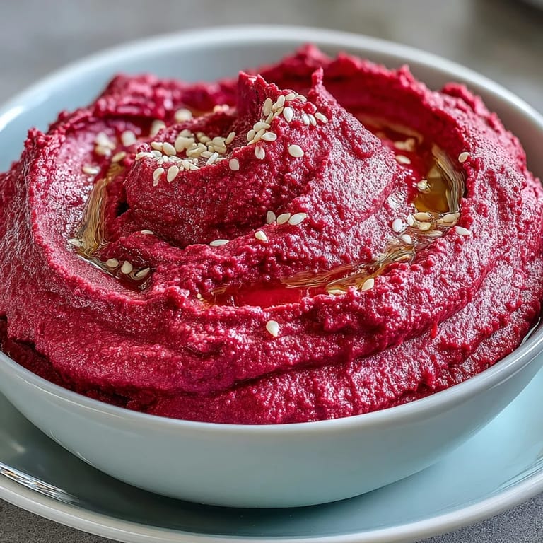 A stunning, magenta-colored Roasted Beet Hummus dip, garnished with a lemon wedge and parsley, perfect for spreading on crackers or pita.