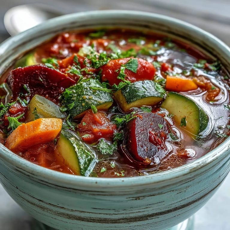 Rustic serving of Rainbow Vegetable Detox Soup in a ceramic bowl, ready to eat with a lemon wedge and herbs.