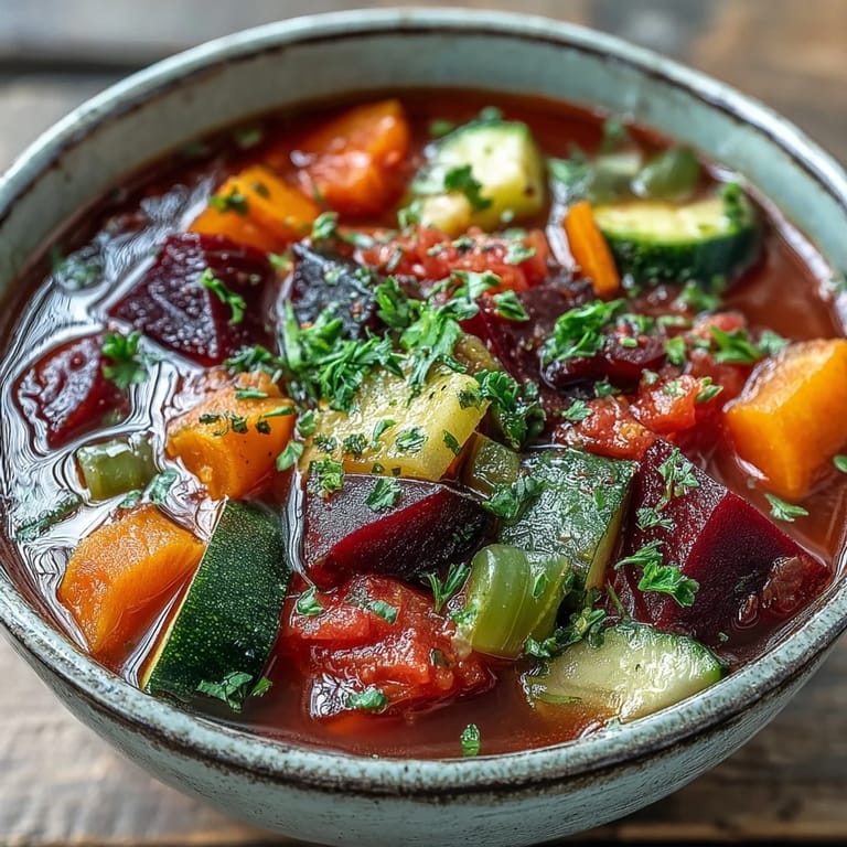 Hearty Rainbow Vegetable Detox Soup simmering in a large pot, showcasing colorful chopped vegetables in a rich, golden broth.