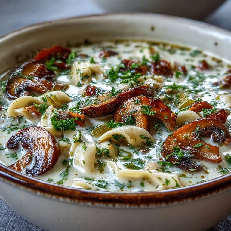Hearty Creamy Mushroom Stroganoff Soup served with crusty artisan bread for dipping on the side. 