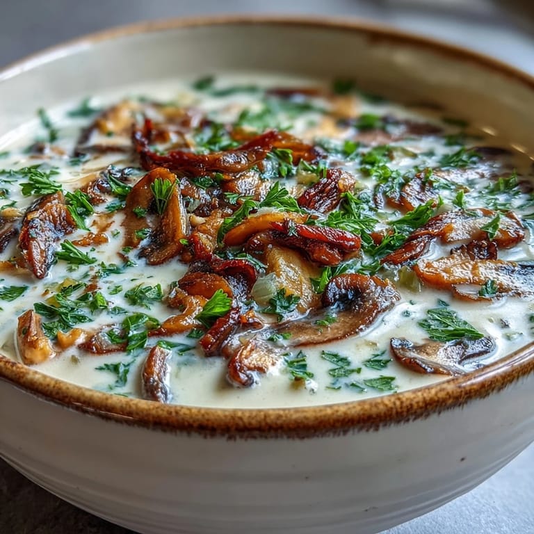 Golden mushrooms and fresh thyme simmering in a pot of Creamy Mushroom Stroganoff Soup.