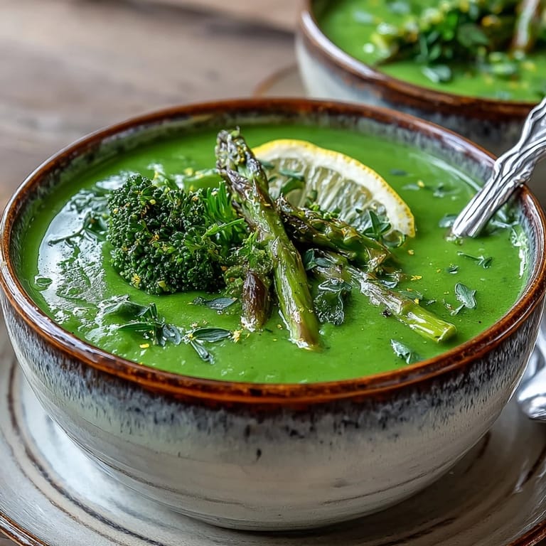 Overhead view of the Big Green Immunity-Boosting Vegetable Soup with steam rising, served alongside crusty whole-grain bread.