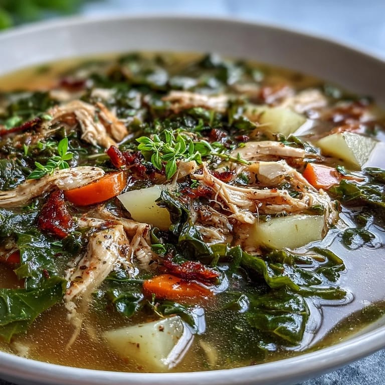 A spoonful of Collard Greens, Chicken and Vegetable Soup reveals diced potatoes and carrots in a savory, nourishing bowl.