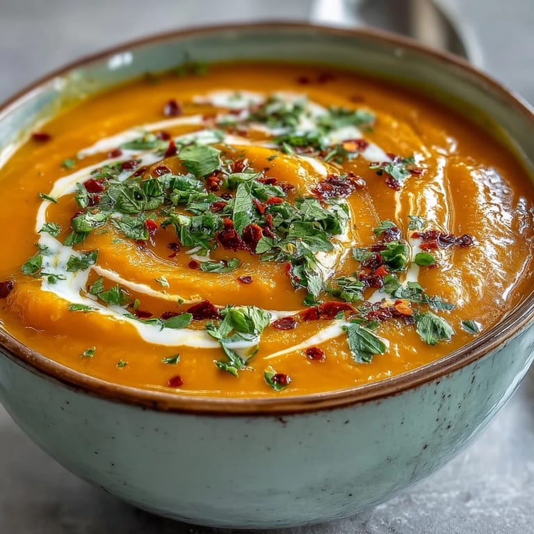 A golden-hued Carrot, Celeriac and Chilli Soup blended to a velvety texture, highlighted with a sprinkle of smoked paprika and fresh herbs.