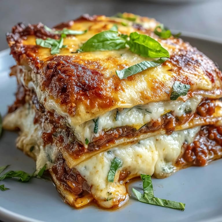 Sliced portions of One-Pan Smoky Veggie Lentil Lasagne reveal smoky lentil bolognese, ricotta, and veggies.