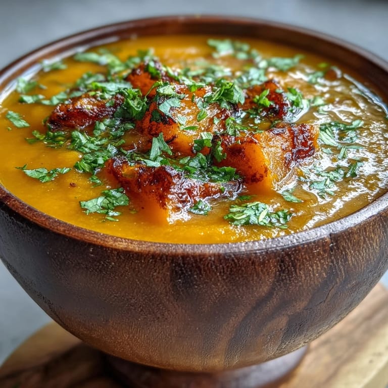 Vibrant orange butternut squash and lentil soup in a dark ceramic bowl, garnished with fresh parsley and a lemon wedge on a wooden table.