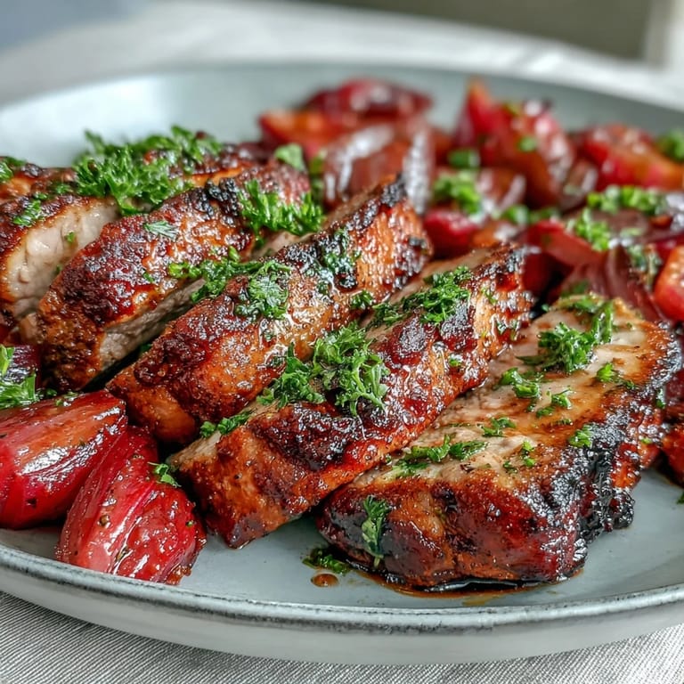 Tender Pork and Aromatic Rhubarb Traybake garnished with fresh parsley and bright orange zest.