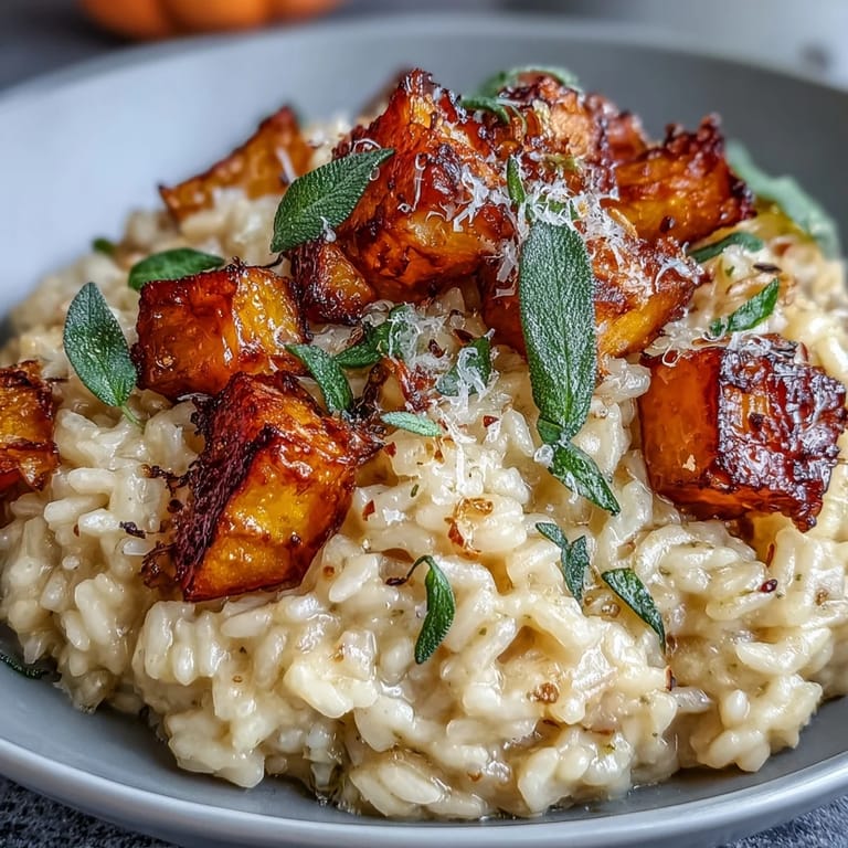 A comforting bowl of Vegan Pumpkin Risotto features tender pumpkin pieces, creamy rice, and aromatic fried sage for a perfect autumn meal.  