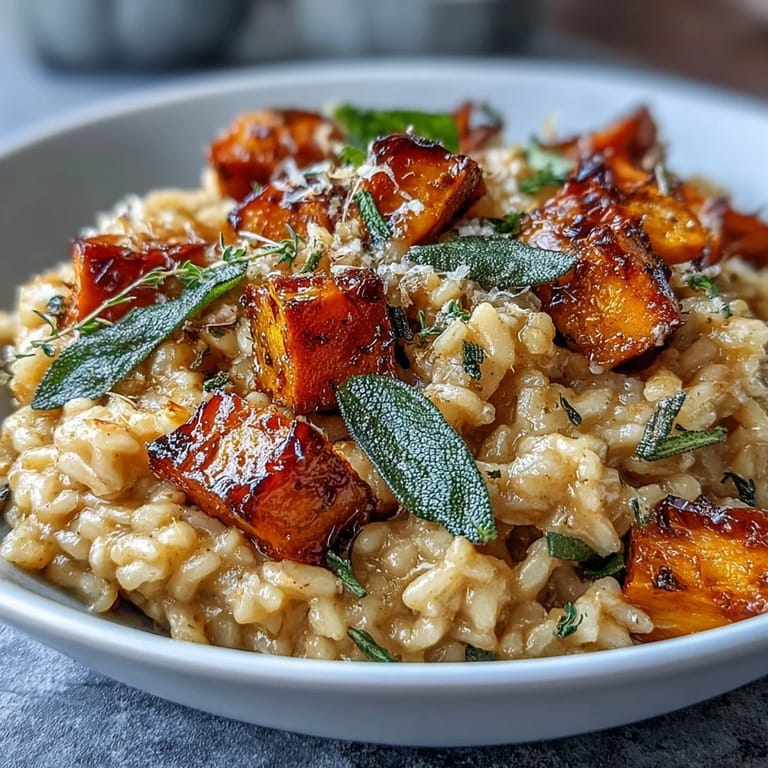 Vegan Pumpkin Risotto is served hot in a white bowl, garnished with crisp sage leaves and a sprinkle of nutritional yeast.