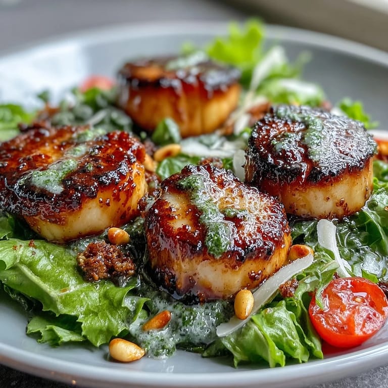 Plump seared scallops served on escarole salad with cherry tomatoes and pesto.