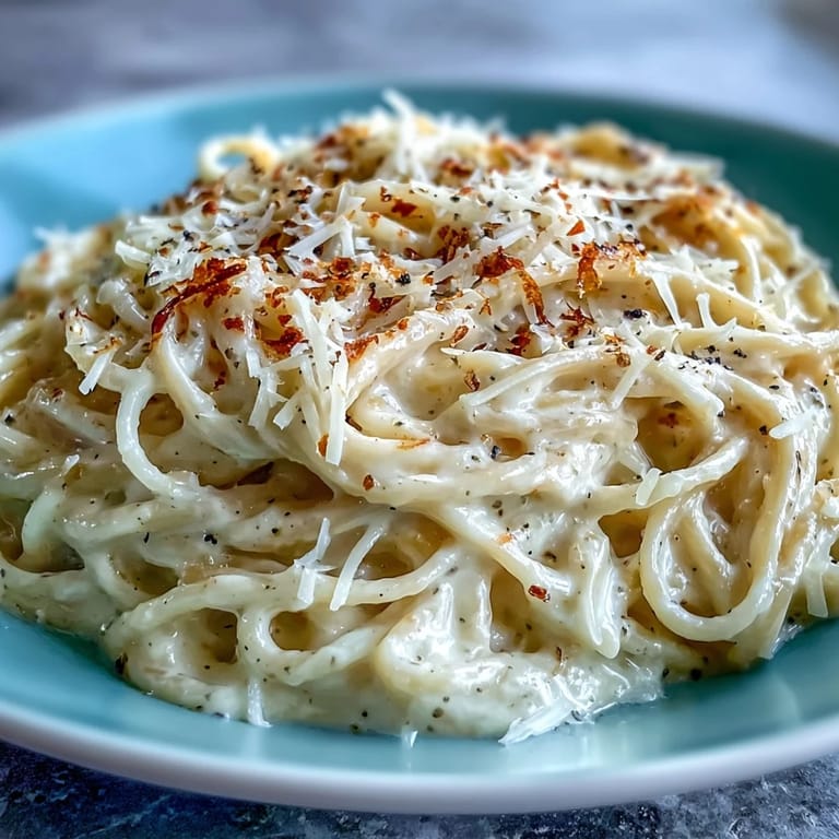 Italian cacio e pepe pasta with melty cheese sauce and aromatic pepper, served hot as a comforting vegetarian main.  