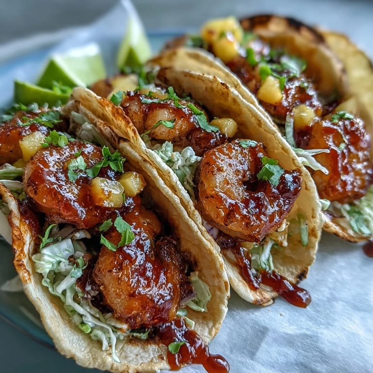 A close-up view of spicy Sriracha Shrimp Tacos with Mango Salsa, showcasing juicy shrimp and colorful mango chunks on a platter.