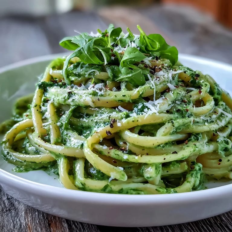 A bowl of linguine with arugula pesto and cottage cheese, topped with grated Parmesan and fresh lemon.