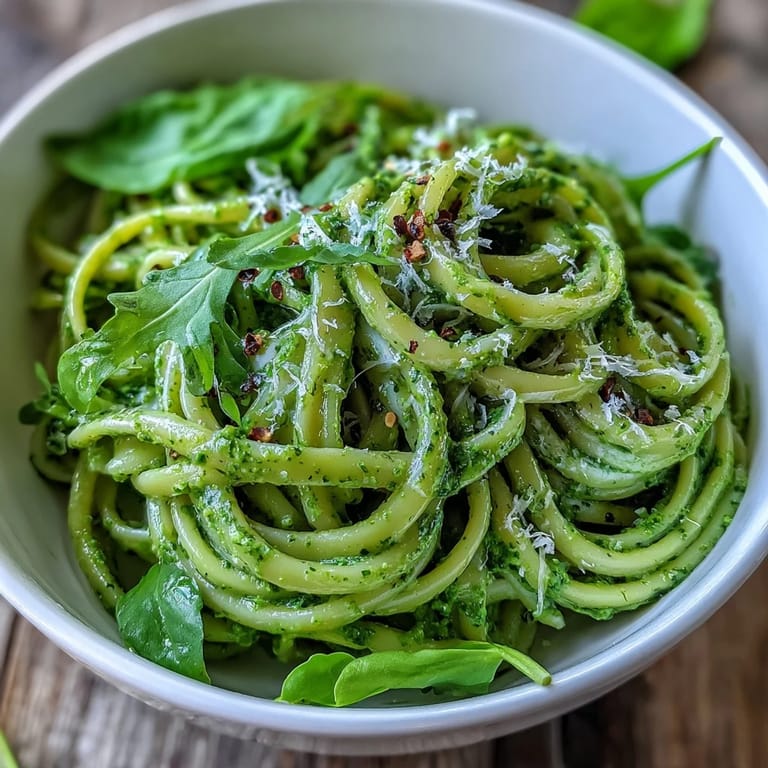 Creamy linguine with arugula pesto coated in a vibrant green sauce, ready to enjoy for dinner.