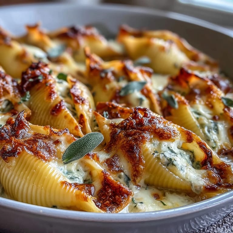 Creamy Pumpkin & Gouda Stuffed Shells served in a white baking dish with brown butter Alfredo.