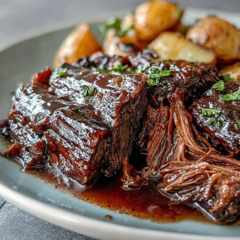 Close-up of fork-tender Beef Pot Roast falling apart, garnished with fresh parsley and drizzled with savory herb-infused pan sauce.