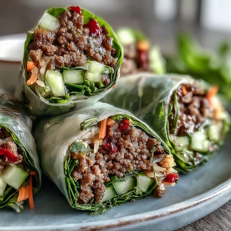 Thai Basil Beef Rolls arranged on a platter with a side of spicy tangy dipping sauce.