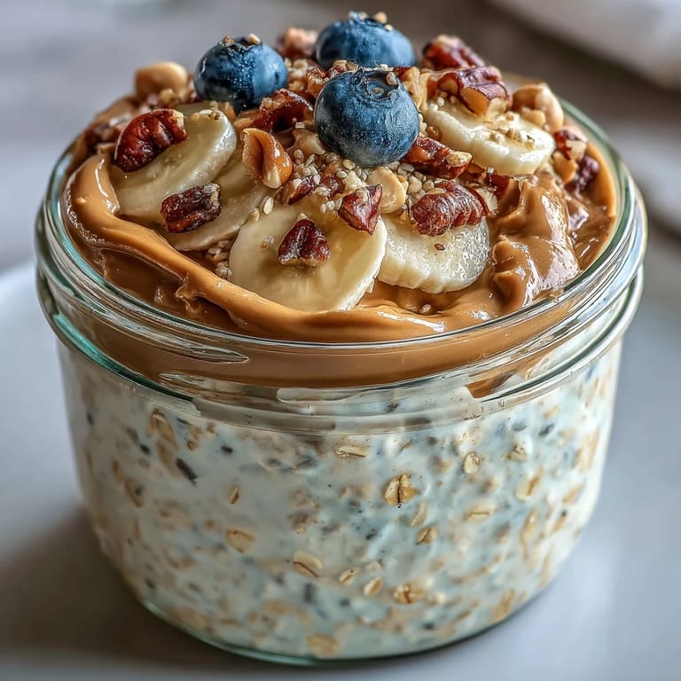 A breakfast jar of High-Protein Peanut Butter Overnight Oats drizzled with honey and sprinkled with sea salt.