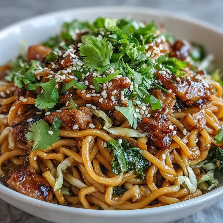Chopsticks lift tangled noodles from a deep bowl of Potsticker Noodle Bowls, revealing a bed of pork and bright vegetables.