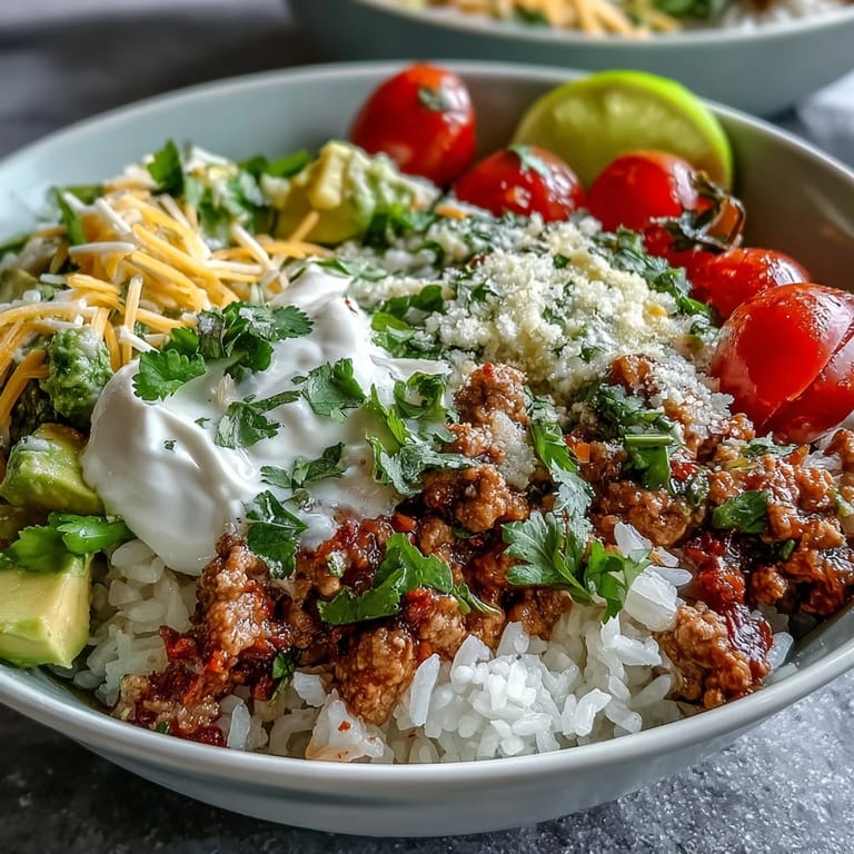 Close-up of a Turkey Taco Bowl with seasoned turkey, fluffy rice, shredded lettuce, tomatoes, and avocado, ready to serve.