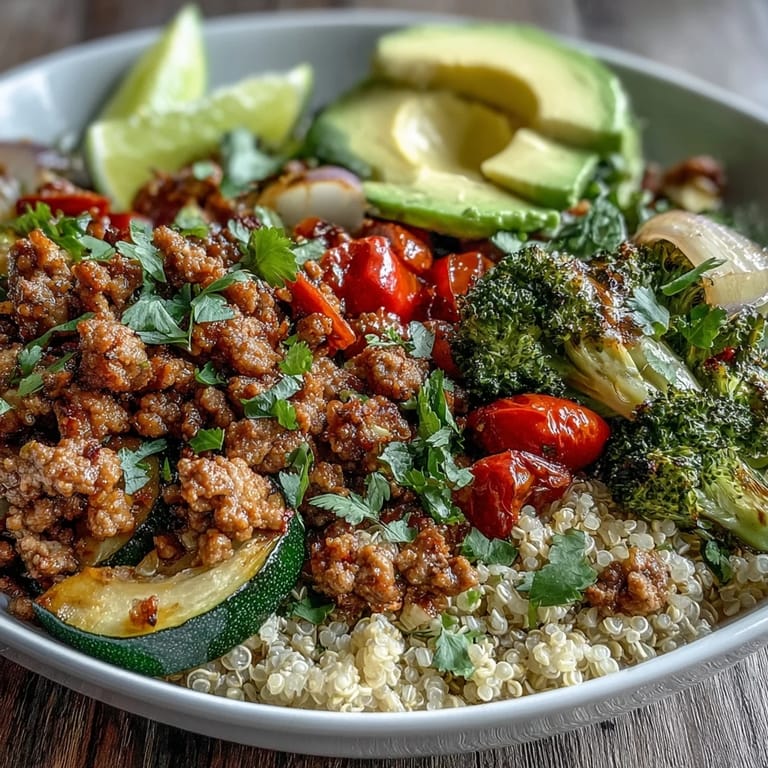 Healthy Ground Turkey Bowl garnished with creamy avocado slices and fresh lime wedges, ready for a protein-packed family dinner.