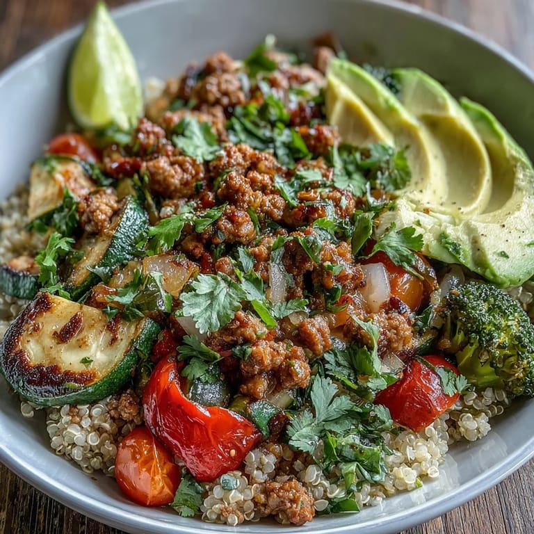 Roasted red bell pepper, zucchini, and broccoli alongside spiced ground turkey over brown rice in a wholesome, balanced bowl.