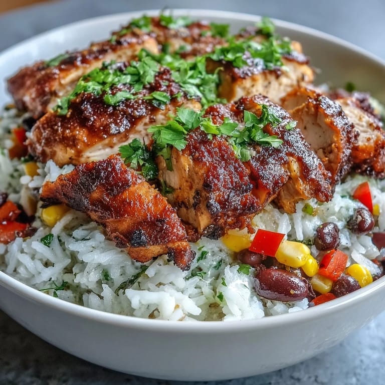 Bright bell peppers and Cajun-spiced chicken fill this hearty bowl, ready to serve with fresh cilantro and lime wedges.