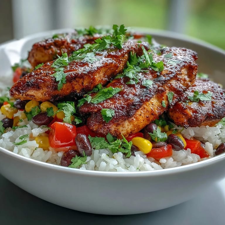 Close-up of a Cajun Chicken Bowl with juicy sliced chicken, colorful vegetables, and fluffy rice, perfect for a weeknight meal.