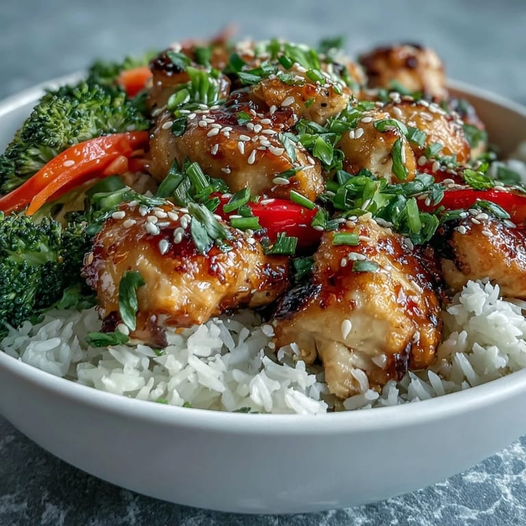 Family-style Honey Garlic Chicken Bowl with saucy chicken, rice, and colorful stir-fry veggies.