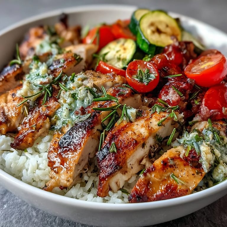 Sliced herb chicken over rice and roasted vegetables for a wholesome Lemon Herb Roasted Chicken Bowl meal.