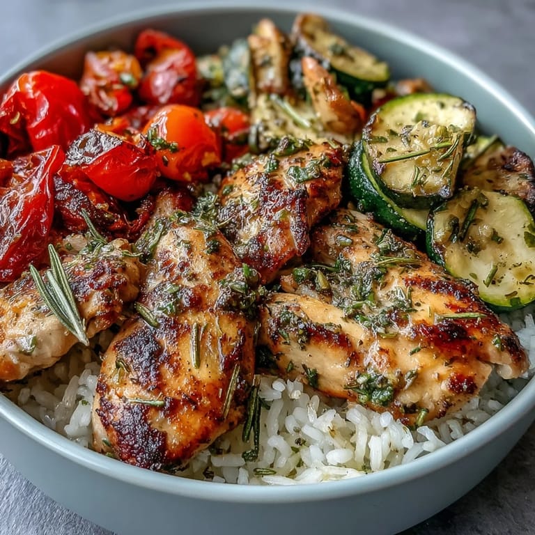 A close-up of the colorful Lemon Herb Roasted Chicken Bowl drizzled with bright lemon herb dressing.