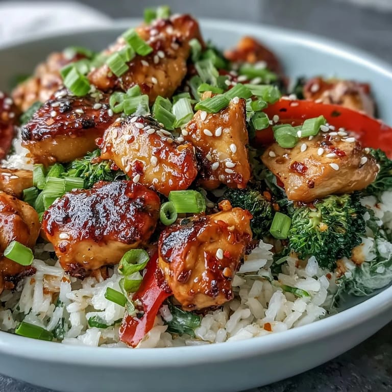 A close-up of a savory Chicken and Rice Bowl, featuring juicy chicken pieces and colorful vegetables over steaming rice.