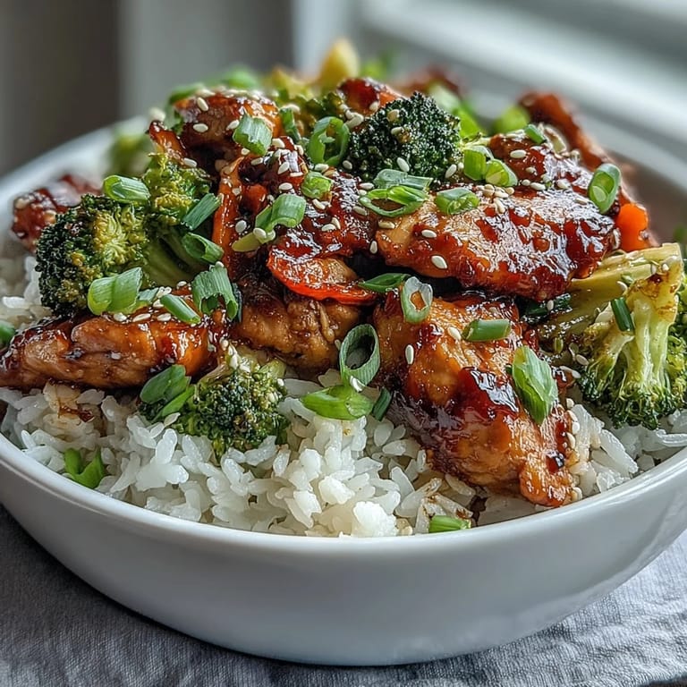 A wholesome Chicken and Rice Bowl with tender chicken, vibrant bell peppers, and carrots, ready for a quick and healthy dinner.