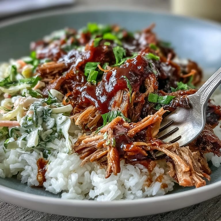 Slow-cooked Pulled Pork Bowl with shredded meat, crisp cabbage, and fresh cilantro garnish on a wooden table.