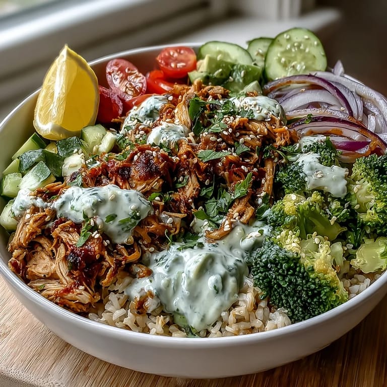 Healthy rotisserie chicken bowl featuring quinoa, steamed broccoli, and a creamy green goddess drizzle.