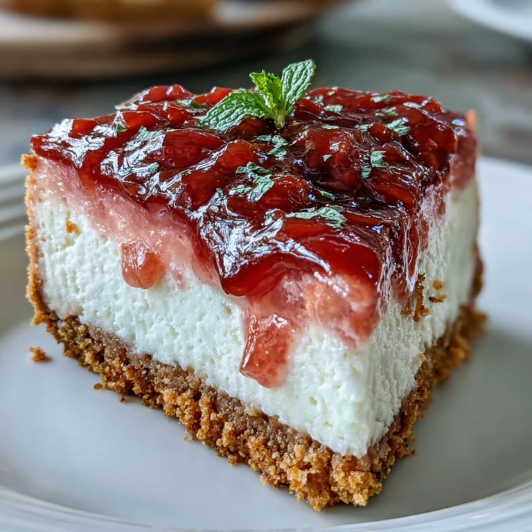 A close-up of a rich guava cheesecake slice with a marbled swirl, served on a white plate with a mint garnish.