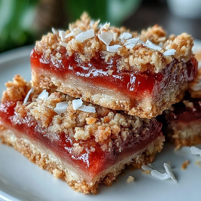 Freshly baked Guava Jam Bars with Coconut Macadamia Oat Crumble served on a white plate.
