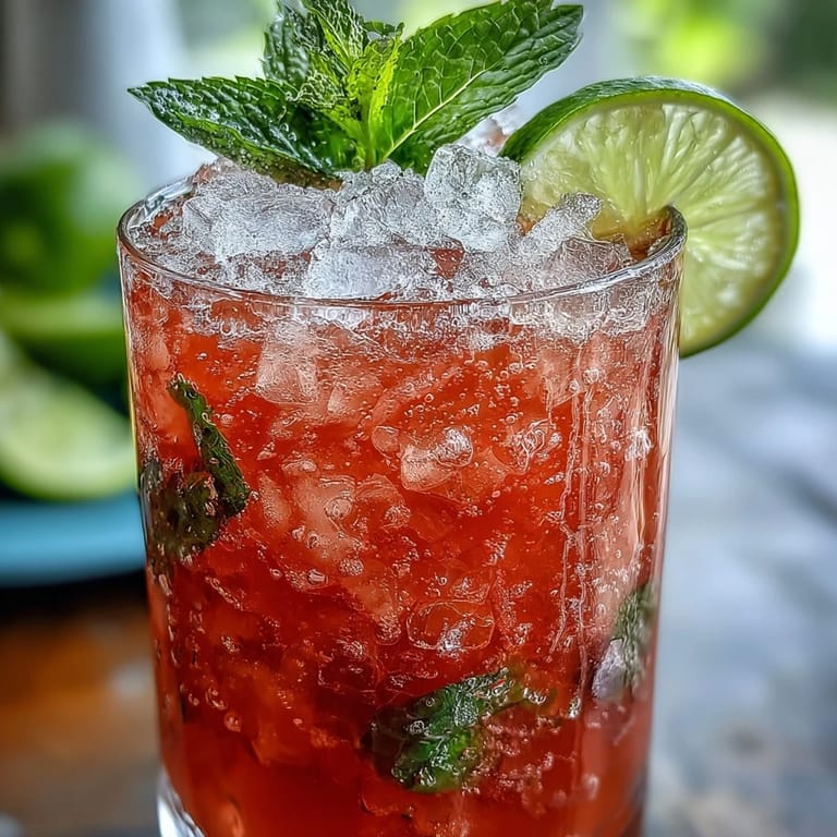 Refreshingly tropical Guava Mojito with pink guava nectar, white rum, mint, and bubbly club soda.  
