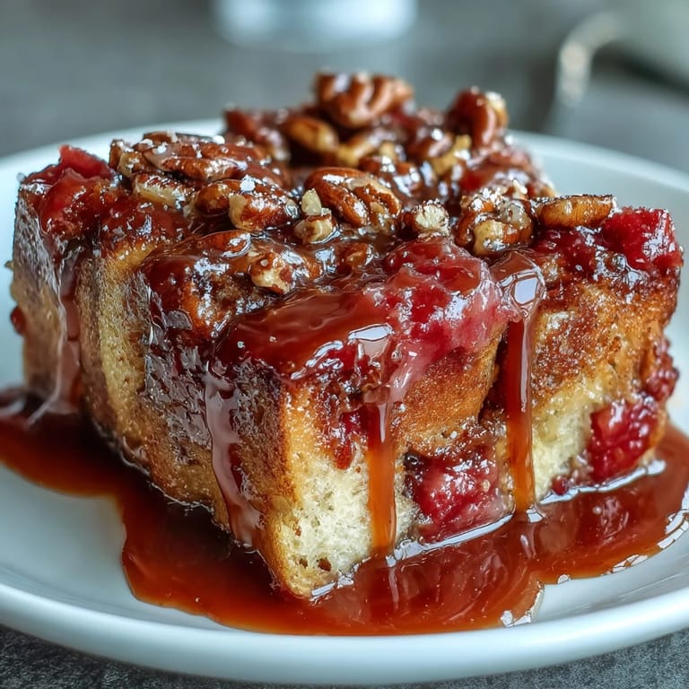 A warm square of Guava Caramel Bread Pudding With Pecans is served à la mode, steam rising gently.