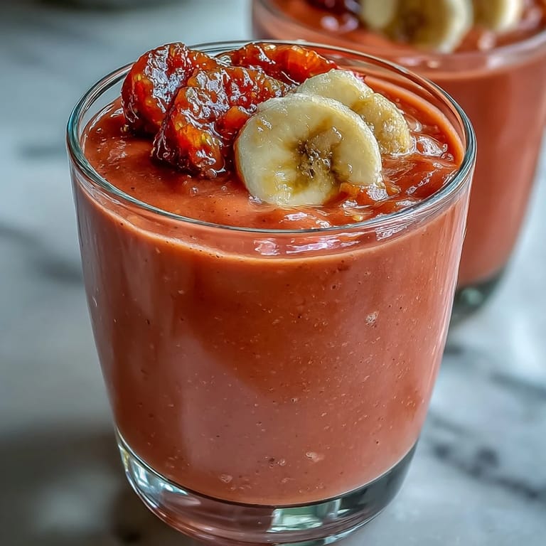 Blender pouring a frosty Guava Banana Smoothie into two glasses, showcasing its thick, pink, creamy texture.