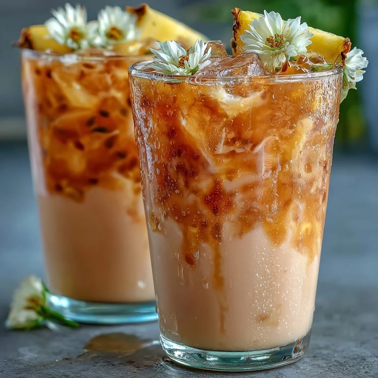 Vibrant pink Iced Guava Passionfruit Drink layered with coconut milk and tropical fruit juices in a frosty glass next to pineapple wedge garnish.