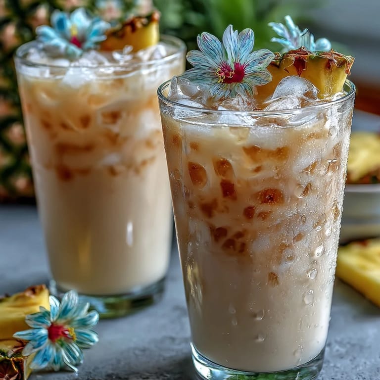 Close-up of homemade Iced Guava Passionfruit Drink topped with edible flowers, showcasing a frothy texture from shaking with pineapple-ginger syrup.