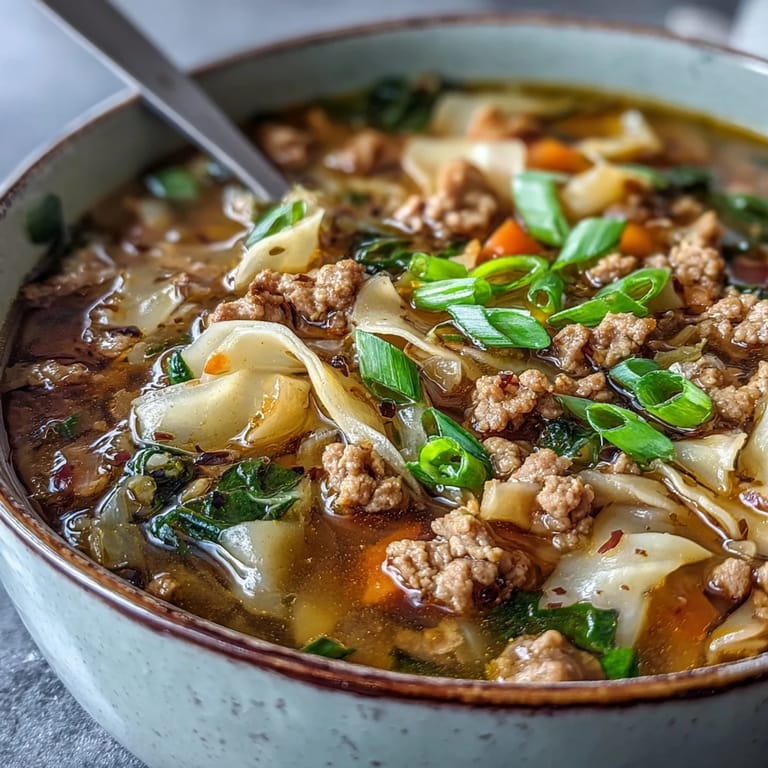 Spoon lifting savory Cozy One-Pot Egg Roll Soup with Green Onions and Ginger from a pot.