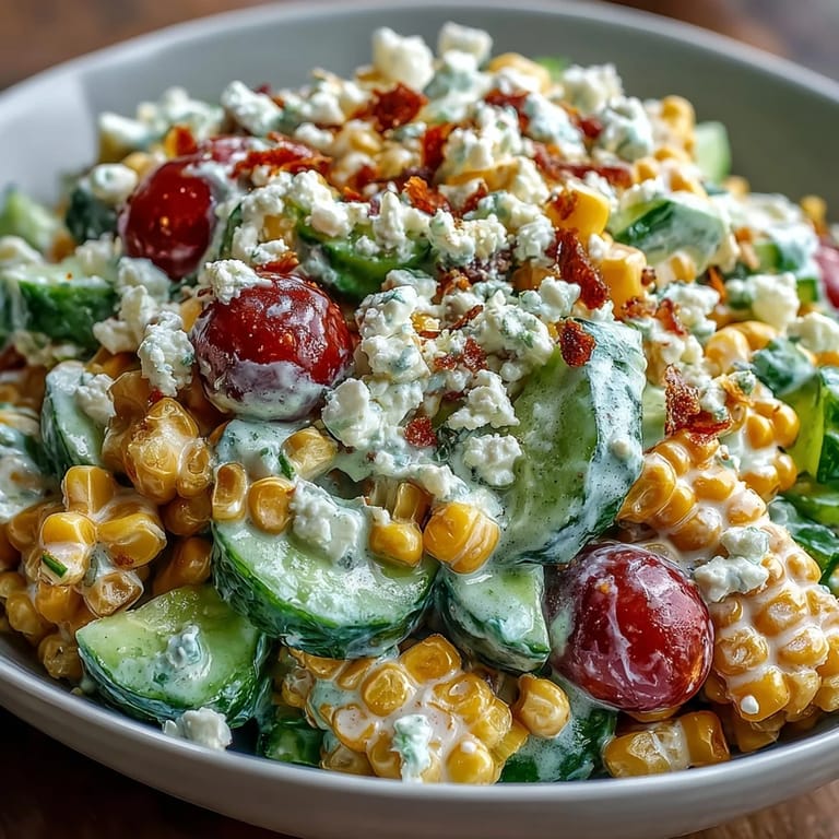 Serving of Street Corn Creamy Cucumber Salad with a spoon, perfect for summer gatherings.